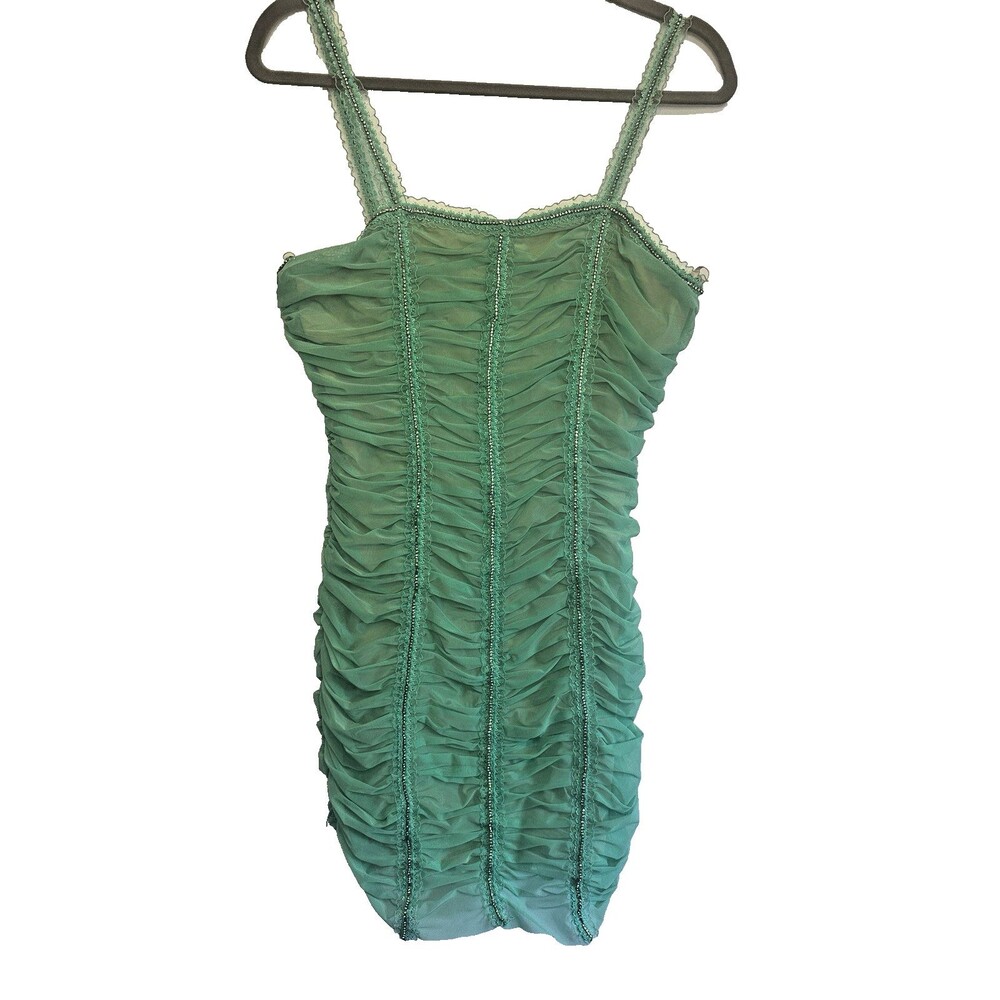 Y2K Green Rhinestone Beaded Mesh Bodycon Ruched Dress Flirty Coquette Hoco S